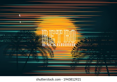 modern summer background with sun and palms. Night summer background.sun glitch. Retro 80s fashion Sci-Fi Background in bright neon colors.Vector