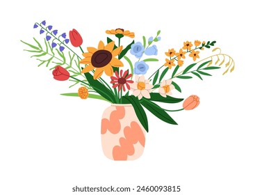 Ramo de verano moderno, arreglo floral en jarrón. Hermosas flores, flores en estilo de moda. Jardín, pradera y plantas de campo, flores silvestres. Ilustración vectorial plana aislada sobre fondo blanco