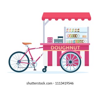 Modern Summer Business Doughnut Street Food Cart Illustration in Isolated White Background