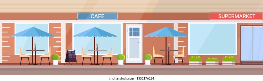 Modern Summer Cafe Shop Exterior Empty No People Street Restaurant Terrace Outdoor Cafeteria In Supermarket Building Flat Horizontal Banner