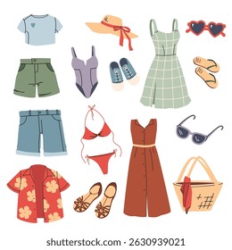 Modern Summer clothes set. Summer fashion garments for man and woman. Collection of stylish casual wearing. Flat vector illustration of dresses and pants isolated on white background