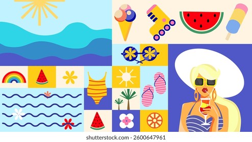 Modern Summer collage banner background with woman in sunglasses,ocean, tropical elements, beach,vacation symbols in flat design.Ideal for travel promotions, summer marketing,lifestyle branding.Vector