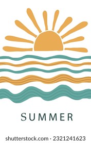 coloquio moderno de verano de estilo retro. sol, olas, playa, ilustración abstracta en un estilo minimalista dibujado a mano. para imprimir, banner, postal, tarjeta. fondo vectorial de arte.