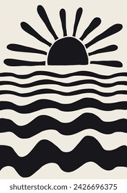 modern, summer collage in retro style. sun, waves, beach, abstract illustration in a minimalist hand-drawn style. for print, banner, postcard, card. art vector background.