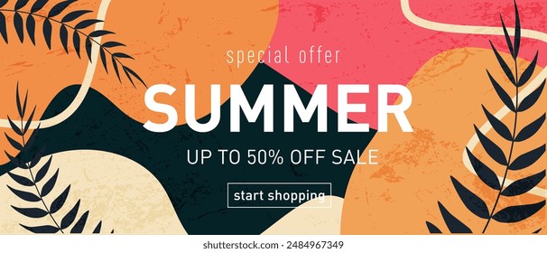 Modern Summer Design Template: Retro Liquid Patterns with Leaves. Creative Background for Advertising, Web, Social Media, Posters, Banners, and Covers. Sale Offer 50%. Vector Illustration.