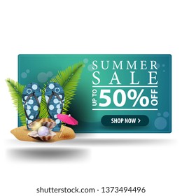 Modern summer discount green 3D banner with button, flip flops, pearl and palm leaves