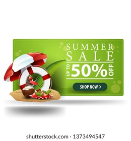 Modern summer discount green 3D banner with button, coconut ice cream cocktail, beach umbrella, fruit, palm leaves and lifeline