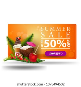 Modern summer discount orange 3D banner with button, coconut cocktail, strawberry, raspberry, cherry and ice cream on palm leaf