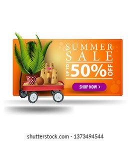 Modern summer discount orange 3D banner with button, garden cart with sand, sand castle and potted palm