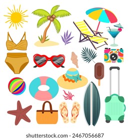 Modern summer elements set, great design for any purposes. Isolated vector illustration. Summer elements set in trendy style on white background. Summertime object.