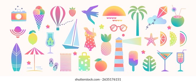 Modern summer geometric vector icons of vacation mood in flat design. Trendy gradient travel stickers or badges.  Holiday trip illustrations for posters, cards, banners, print on shirts.
