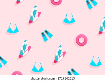 Modern summer pattern with accessories and items for swimming, relaxing, sunbathing at sea in the summer, top view, flat lay. Minimalism style
