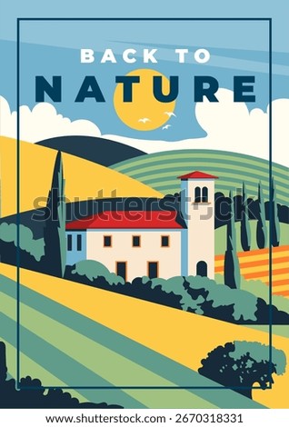Modern summer poster featuring a scenic nature landscape. Minimalist design, travel and vacation theme, perfect for decoration, branding, or editorial use. Vector illustration