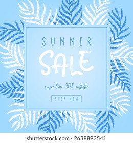 Modern summer sale banner with ink drawn tropical leaves and discount text. Season promotion vector illustration