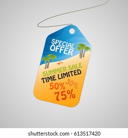 Modern summer sale tag. Discount poster with special offer. Vector illustration. Coast, sea beach