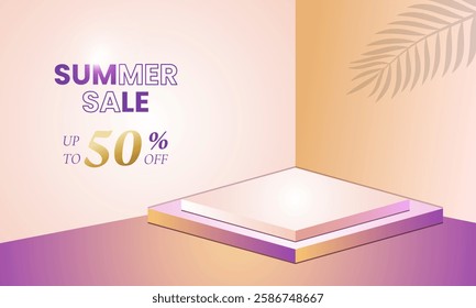 Modern summer sale template with elegant podium display, soft gradient colors, and tropical leaf shadow. Perfect for promotions, ads, and product showcases. Fully editable and high-resolution.