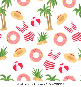 Modern summer seamless pattern with beach elements. Summer elements palm trees, ball, beach, sun, sea, swimsuit, sand.