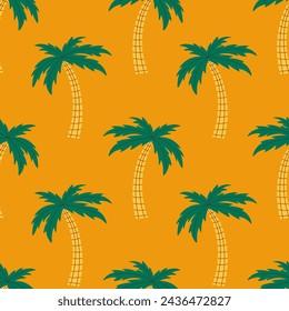 Modern summer seamless pattern with palm tree. Trendy hand drawn yellow background. Repeat vector illustration for summertime.
