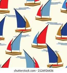 Modern Summer Seamless vector pattern Modern  sailing yachts and ocean waves . Design for fashion , fabric, textile, wallpaper, cover, web , wrapping and all prints on vintage Off white color
