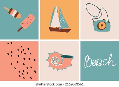 Conjunto de verano moderno, pancarta con concha, verano, helado, barco, cámara, viaje, playa