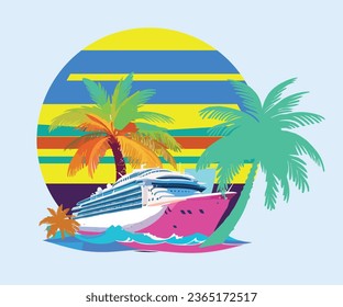 A Modern summer sun shine color vibrant ship and palm tree T-shirt logo design.