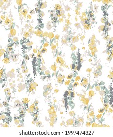 Modern Summer textures effect with floral Fashion and stylish background. Illustration Tulip, rose, chamomile, cotton branch, lavender, eucalyptus leaves, on white background.