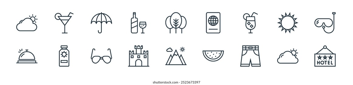 modern summer and travel icon pack. perfect for linear ui designs featuring vector hotel, clouds and sun, swim shorts, watermelon, tourism, castle, eyeglasses and more icons for mobile web apps.