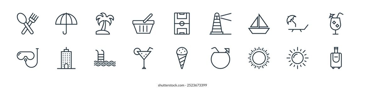 modern summer and travel icon pack. perfect for linear ui designs featuring vector trolley bag, sun, sun, coconut drink, ice cream cone, lemon juice, swimming pool and more icons for mobile and web