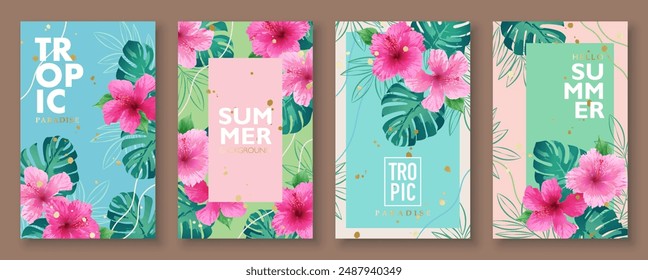 Modern summer tropical background template set with tropical flowers and leaves. Vector illustration templates for fashion, ads, poster, graphic print, sales, and social media stories