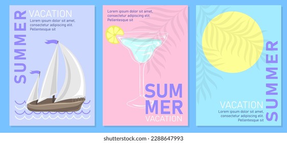 Modern summer vacation banners, posters or cards with tropical leaves summer cocktail and seaboat. Summer holidays and travel concept. Trendy templates in minimalist style. Vector illustration