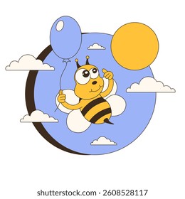 Modern Summer vector illustration isolated transparent background. Whimsical flat Bee in blue sky. Bee with air Balloon. Perfect for t-shirt print copybook cover template design. EPS 10