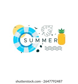 Modern summer vector with tropical elements including a bright blue lifebuoy, pineapple, monstera leaf, and abstract wave lines. Great for beach-themed posters, social media, and vacation promotions.
