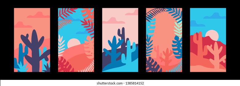 Modern summer vertical abstract backround templates with cactus and tropical leaves in vivid colors