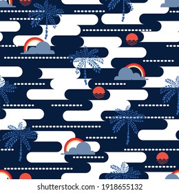 Modern summer vibes of geometric ocean ,sea,sun, plam tree ,sky and rainbow seamless pattern vector EPS10,Design for fashion , fabric, textile, wallpaper, cover, web , wrapping and all prints on navy