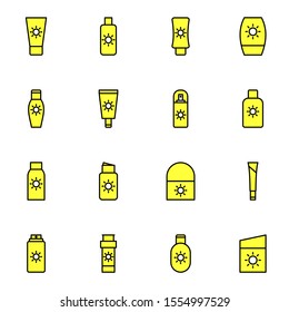 modern sun cream, sunblock icon set. creative sunscreen, skincare,body lotion filled outline icons sign, vector illustration.