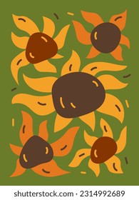 Modern sunflower matisse art. Trendy hand drawn wavy flower on green background. Cute postcard. greeting card, poster, invitation, frame art. Vector illustration