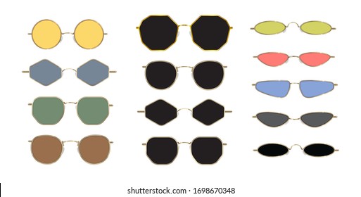 Modern sunglasses, 90s frames with trendy poligonal, round and slim oval shapes. Summer 2020. 