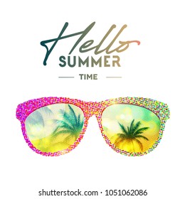 Modern sunglasses with palms reflection. Hello summer time.Vector illustration.