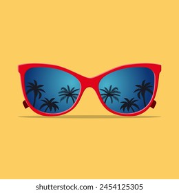 Modern sunglasses with palms reflection. Summer banner, poster, fresh, modern, advertisement. Vector illustration in flat style