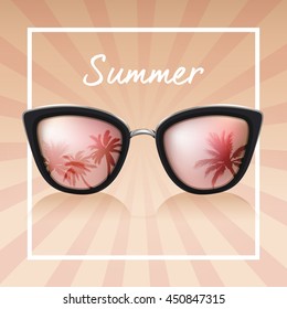 Modern sunglasses with palms reflection. Summer banner, poster, fresh, modern, advertisement