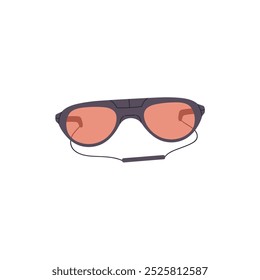 Modern sunglasses with strap for hiking. Eyeglasses in sport style icon. Polarized glasses with UV and sun protection. Eyewear, travel accessory. Flat isolated vector illustration on white background