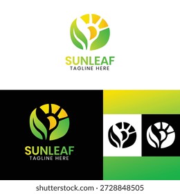 Logotipo moderno de hojas de sol creado para empresas verdes, nuevas empresas ecológicas, productos naturales y marcas sostenibles. Identidad limpia y profesional para el marketing ambiental.