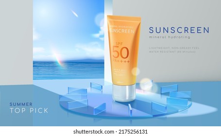 Modern sunscreen ad template. 3d illustration of orange sunblock tube standing in the middle of glass clock on sea background through arch. Concept of UVA sun protection.