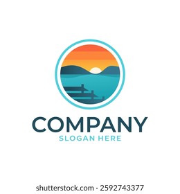 Modern Sunset Lake View Round Logo Design Illustration Editable Vector Template