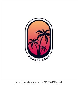 Modern sunset and palm logo design illustration