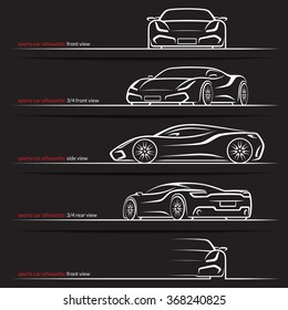 Modern super car, sports car vector silhouettes, outlines, contours isolated on black background. Front, rear and side views.