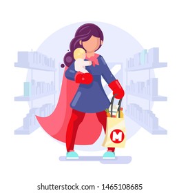 Modern super hero mother shopping child in hand character shop background design flat vector illustration