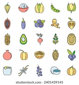 Modern superfood icons set. Outline set of modern superfood vector icons thin line color flat on white