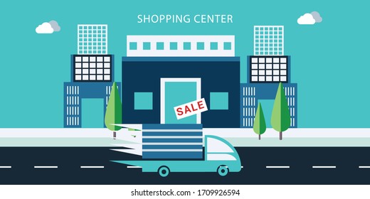 Modern supermarket building. Cartoon vector illustration