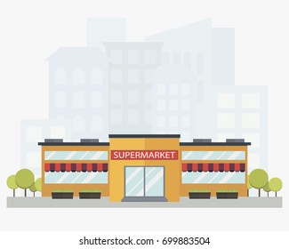 Modern supermarket building with city skyline on background in flat style. Colored isolated vector illustration.